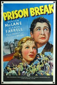 2e397 PRISON BREAK one-sheet '38 artwork of Barton MacLane & Glenda Farrell above prison riot!