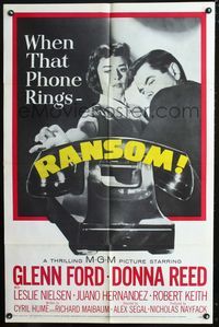 2e417 RANSOM one-sheet '56 great image of Glenn Ford & Donna Reed waiting for call from kidnapper!