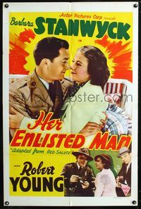 2e421 RED SALUTE one-sheet R41 Barbara Stanwyck & Robert Young romantic close up, Her Enlisted Man!