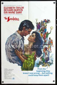 2e443 SANDPIPER one-sheet '65 great romantic artwork of Elizabeth Taylor & Richard Burton embracing!