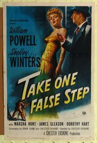 2e528 TAKE ONE FALSE STEP signed 1sh '49 signed by Shelley Winters, sexy art of her & William Powell