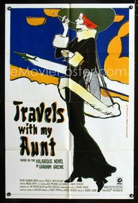 2e561 TRAVELS WITH MY AUNT one-sheet '72 from Graham Greene's novel, cool Art Nouveau-style art!