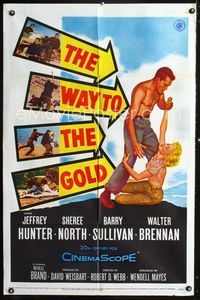 2e594 WAY TO THE GOLD one-sheet '57 great romantic art of barechested Jeffrey Hunter & Sheree North!