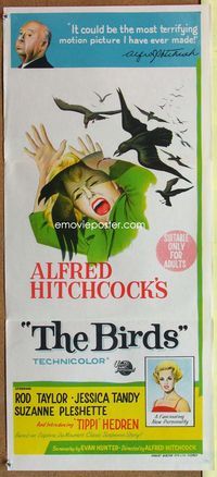 2f053 BIRDS Australian daybill movie poster '63 Alfred Hitchcock classic starring Tippi Hedren!