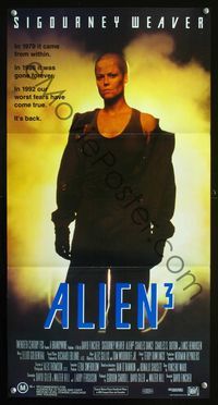 2f015 ALIEN 3 Australian daybill poster '92 close up image of bald Sigourney Weaver, sci-fi sequel!