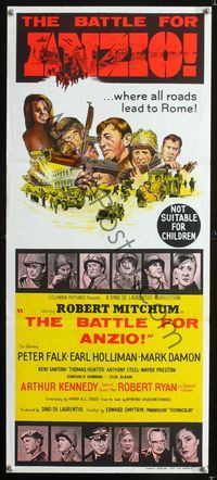 2f028 ANZIO Australian daybill movie poster '68 Robert Mitchum, Peter Falk, WWII stone litho art!