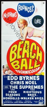 2f038 BEACH BALL Australian daybill movie poster '65 Edd Byrnes, Chris Noel, The Supremes, sexy art!