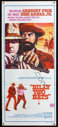 2f052 BILLY TWO HATS Australian daybill poster '74 cool art of cowboys Gregory Peck & Desi Arnaz Jr!