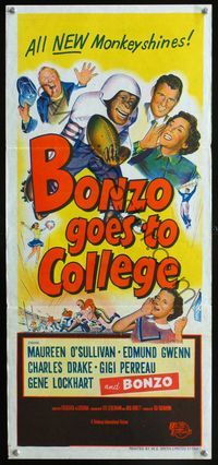 2f059 BONZO GOES TO COLLEGE Australian daybill poster '52 wacky artwork of chimp playing football!