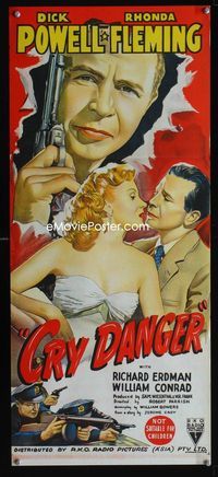 2f121 CRY DANGER Aust daybill '51 great film noir stone litho art of Dick Powell & Rhonda Fleming!
