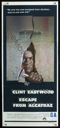 2f170 ESCAPE FROM ALCATRAZ Aust daybill '79 cool artwork of Clint Eastwood busting out by Lettick!