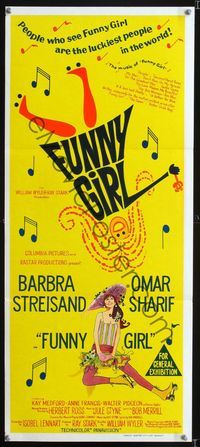 2f201 FUNNY GIRL Australian daybill '69 Barbra Streisand, Omar Sharif, William Wyler, cool art!