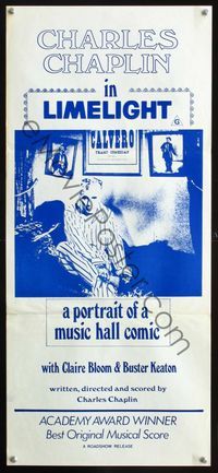 2f276 LIMELIGHT Australian daybill poster R70s great image of aging Charlie Chaplin in pajamas!
