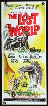 2f284 LOST WORLD Australian daybill poster '60 different art of Michael Rennie battling dinosaurs!