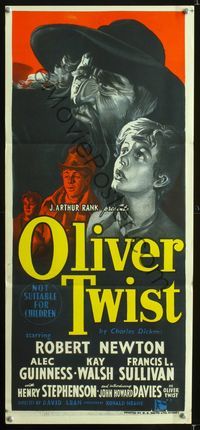 2f338 OLIVER TWIST Australian daybill '51 Alec Guinness,Charles Dickens, cool different artwork!