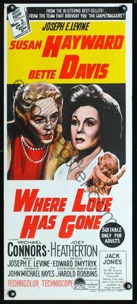 2f480 WHERE LOVE HAS GONE Australian daybill '64 Susan Hayward, Bette Davis, trashy Harold Robbins!