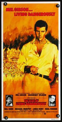 2f493 YEAR OF LIVING DANGEROUSLY Aust daybill '83 Peter Weir, great art of Mel Gibson by Stapleton!