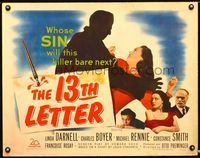 2g255 13th LETTER half-sheet '51 Otto Preminger, Linda Darnell, a strange kind of killer is loose!