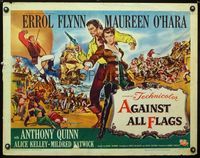 2g262 AGAINST ALL FLAGS style B half-sheet '52 cool artwork of pirates Errol Flynn & Maureen O'Hara!