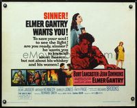 2g389 ELMER GANTRY style B half-sheet '60 Burt Lancaster, Jean Simmons, from Sinclair Lewis novel!