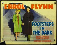 2g406 FOOTSTEPS IN THE DARK half-sheet '41 great image of Errol Flynn & Brenda Marshall on stairs!