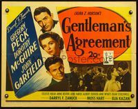 2g416 GENTLEMAN'S AGREEMENT half-sheet '47 Elia Kazan, Gregory Peck, Dorothy McGuire, John Garfield