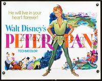 2g597 PETER PAN half-sheet R76 Walt Disney animated cartoon fantasy classic, great full-length art!