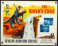 2g632 RIVER'S EDGE half-sheet poster '57 Ray Milland & Anthony Quinn fighting on cliff, Debra Paget