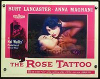 2g641 ROSE TATTOO half-sheet '55 great romantic image of Anna Magnani & Burt Lancaster with tattoo!