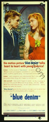 2h068 BLUE DENIM insert movie poster '59 close up of Carol Lynley & Brandon DeWilde, teen pregnancy!