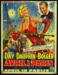 2j076 APRIL IN PARIS Belgian poster '53 great artwork of sexy Doris Day and Ray Bolger in France!
