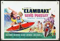 2j116 CLAMBAKE Belgian '67 cool art of Elvis Presley in speed boat with sexy babes, rock & roll!