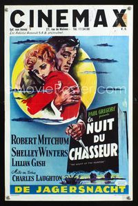 2j229 NIGHT OF THE HUNTER Belgian '55 different art of Robert Mitchum with LOVE & HATE tattoos!