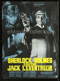 2j500 STUDY IN TERROR French 23x32 '66 art of Neville as Sherlock Holmes pointing gun by Mascii!