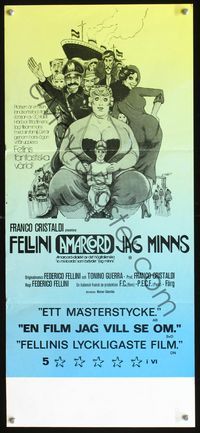 2j035 AMARCORD Swedish stolpe movie poster '74 Federico Fellini classic comedy, great wacky artwork!