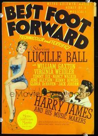 2k005 BEST FOOT FORWARD movie mini window card '43 art of gorgeous Lucille Ball & hot Harry James!