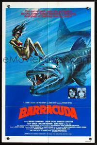 2n376 BARRACUDA one-sheet '78 great artwork of huge killer fish attacking sexy diver in bikini!