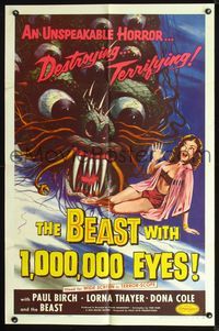 2n385 BEAST WITH 1,000,000 EYES 1sh '55 great art of monster attacking sexy girl by Albert Kallis!