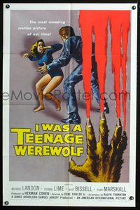 2n651 I WAS A TEENAGE WEREWOLF 1sheet '57 AIP classic, great artwork of monster attacking sexy babe!