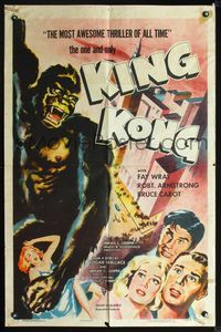 2n685 KING KONG one-sheet R57 great different color art of cast & huge ape carrying Fay Wray up ESB!