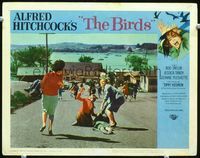 2n078 BIRDS movie lobby card #4 '63 Alfred Hitchcock, terrified villagers flee down city road!