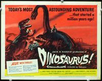 2n023 DINOSAURUS movie title lobby card '60 great artwork of wild prehistoric dinosaur monsters!