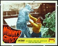 2n184 MUMMY'S GHOST movie lobby card #5 R48 great image of Lon Chaney in bandages attacking victim!