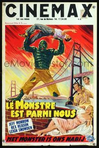 2o378 CREATURE WALKS AMONG US Belgian poster '56 great artwork of monster holding man over his head!