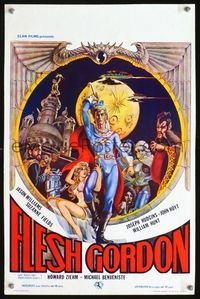 2o396 FLESH GORDON Belgian poster '74 sexy sci-fi spoof, wacky erotic super hero art by George Barr!
