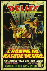 2o406 HOUSE OF WAX Belgian movie poster '53 great 3-D art of monster and sexy girls over audience!