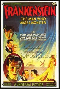 2o956 FRANKENSTEIN commercial reproduction movie poster '93 full-color repro of 1931 one-sheet!