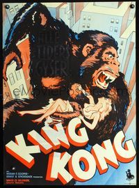 2o288 KING KONG Danish movie poster R50s cool art of giant ape on building holding topless Fay Wray!