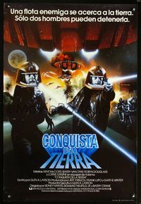 2o306 CONQUEST OF THE EARTH Span/Eng 1sheet '80 great image of wacky aliens terrorizing Hollywood!