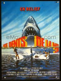 2o349 JAWS 3-D French 15x21 '83 great Gary Meyer shark artwork, the third dimension is terror!